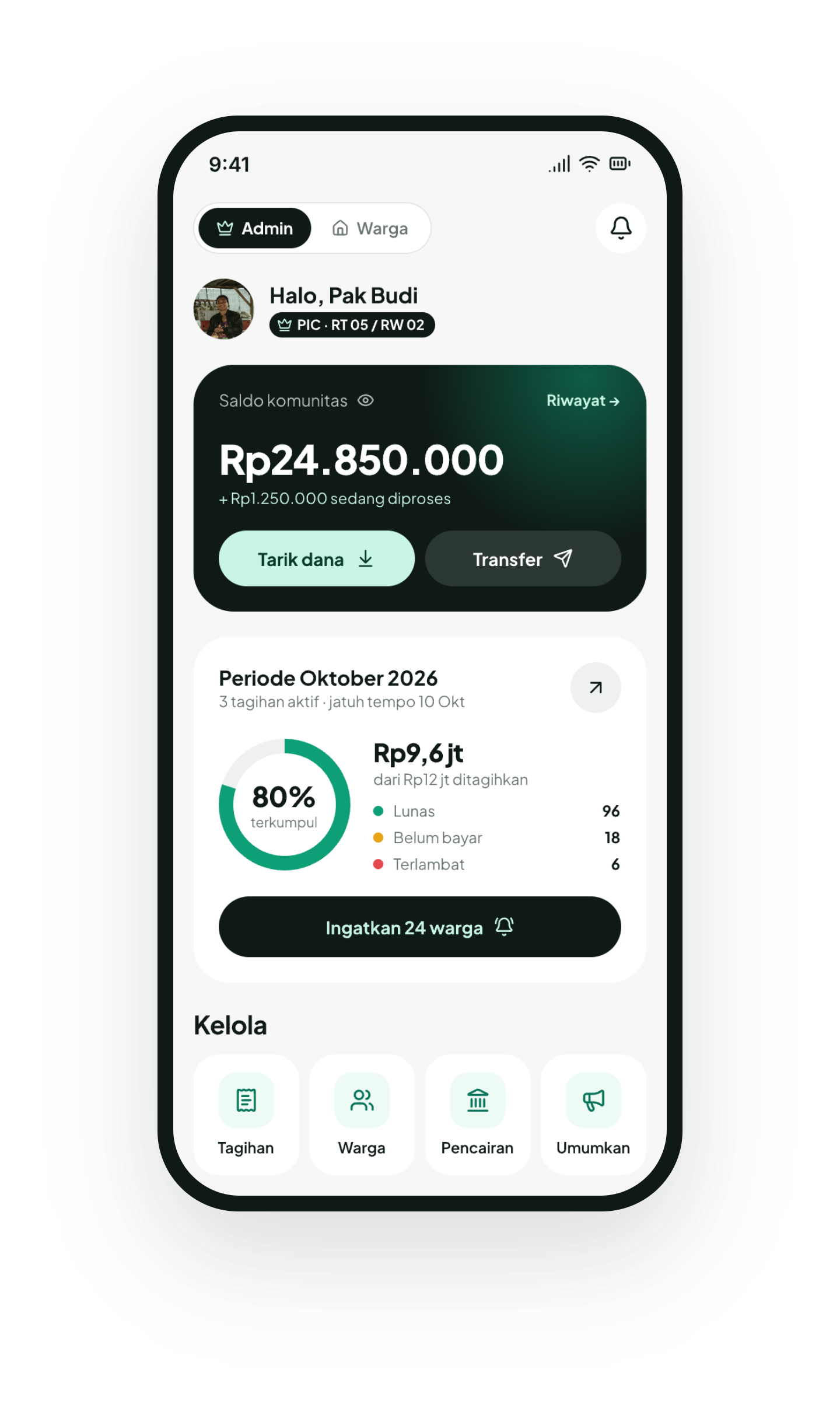 Dashboard iuran dan laporan keuangan