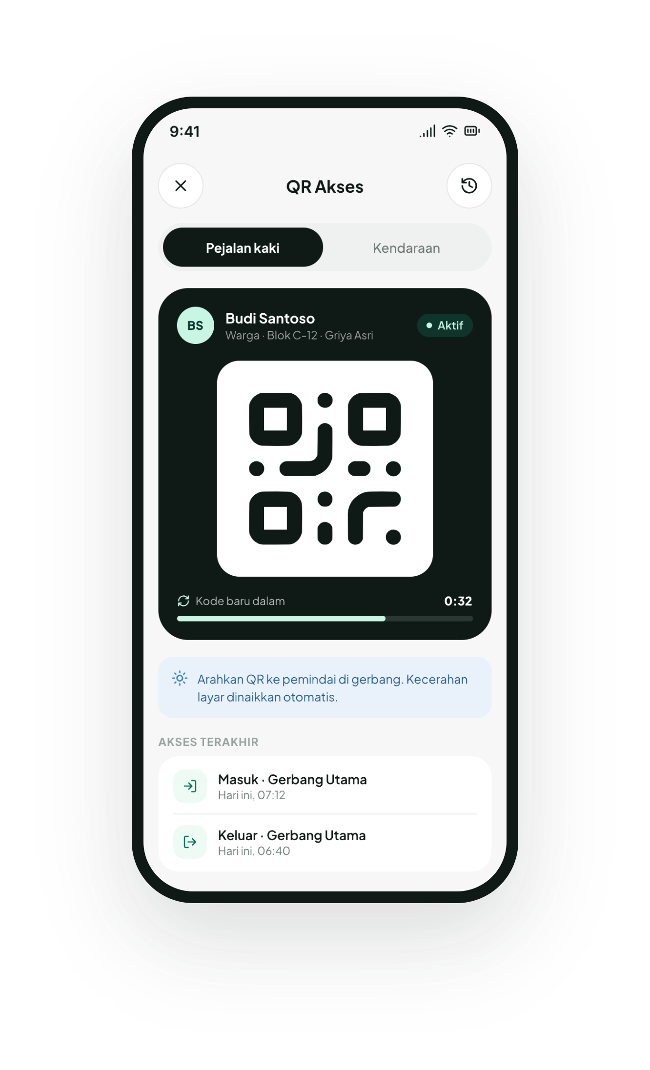 Layar QR Akses & Undang Tamu di aplikasi Sahabat Warga