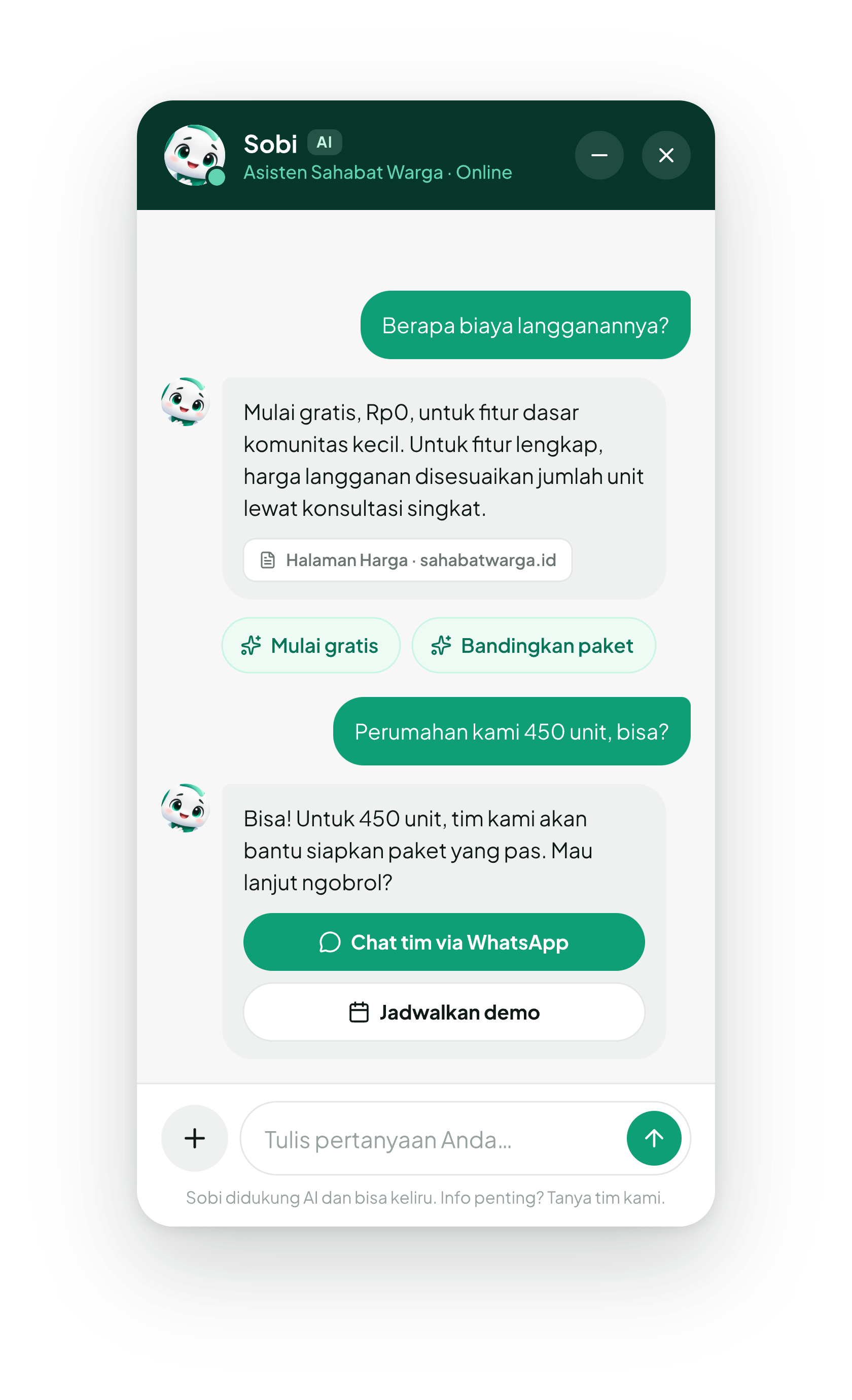 Percakapan dengan Sobi di aplikasi Sahabat Warga